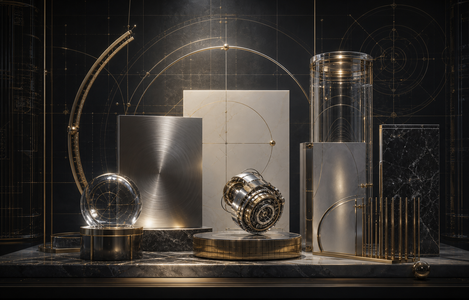 A refined still life of titanium, glass, ivory ceramic, and antique gold mechanical forms