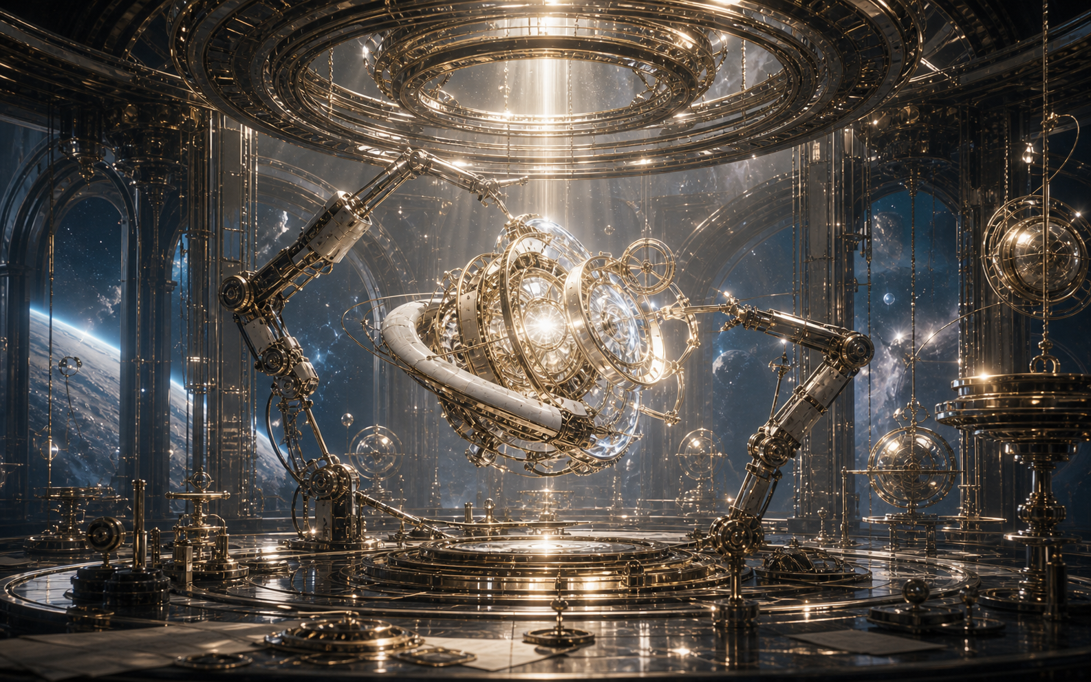 A cosmic atelier where mechanical arms assemble a luminous artifact