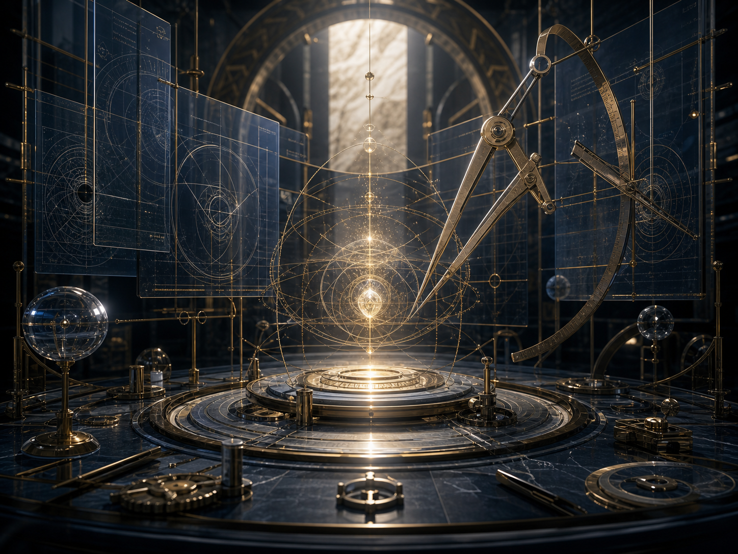 A luminous creation seed surrounded by golden drafting arcs and mechanical instruments