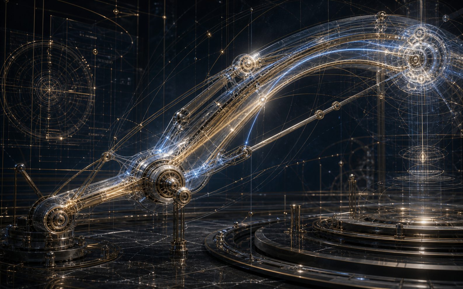 A luminous mechanical structure showing golden load paths through joints and bearings