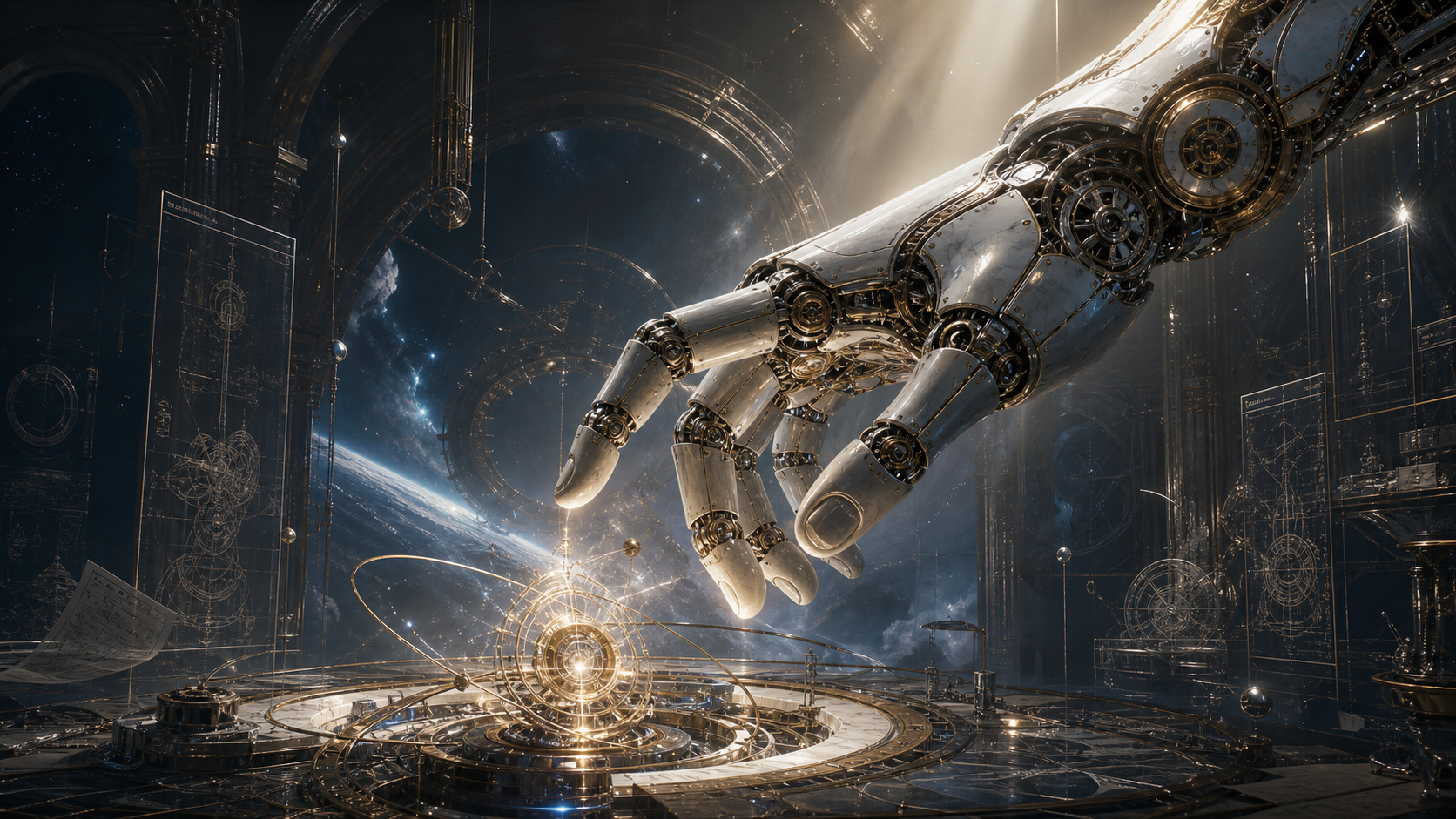 A luminous mechanical hand creating a celestial engineering form in a futuristic atelier